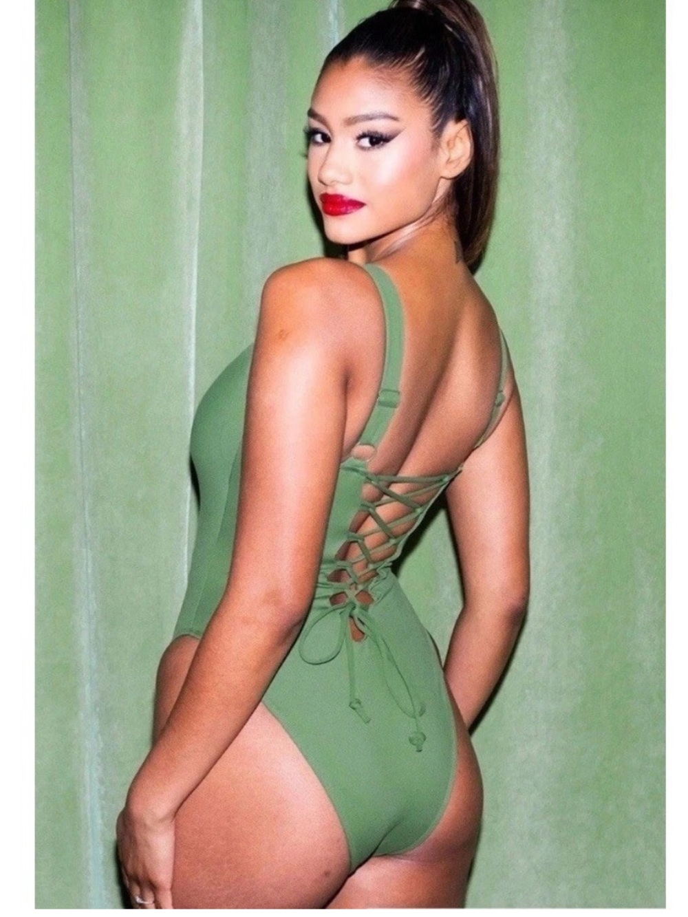 Army Green Lace-Up One-Piece Swimsuit